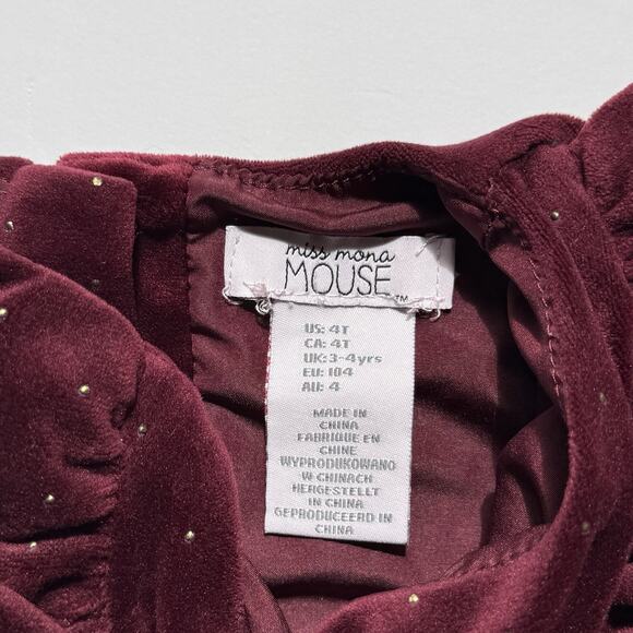 Miss Mona Mouse Burgundy Velvet Dress 4T Ruffle Old Money Holiday Party - Picture 3 of 5
